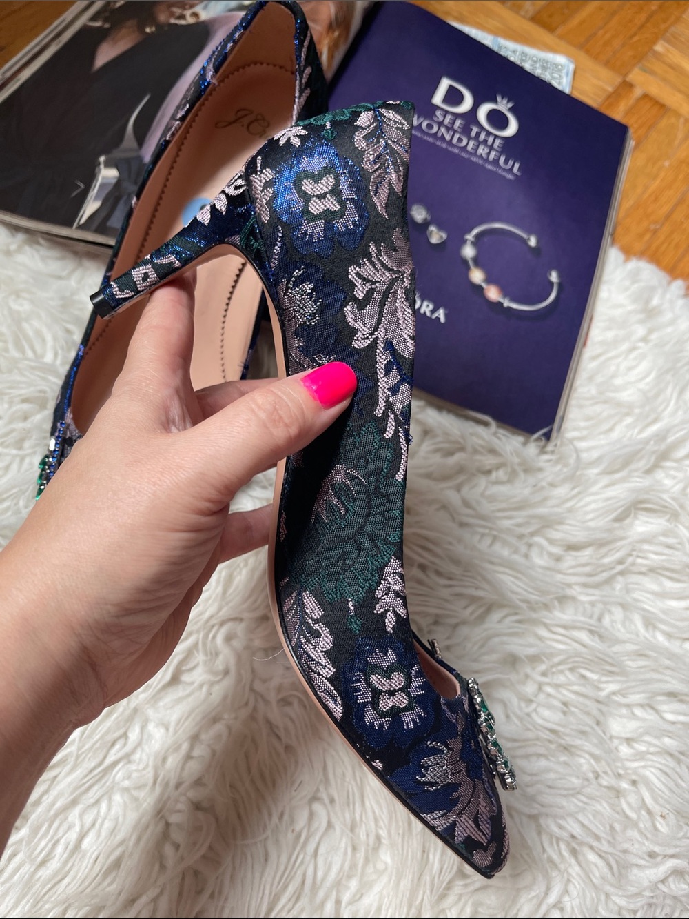 J. Crew Colette Jacquard Embellished Pumps Navy Floral Jacquard Pointed-T - Picture 6 of 12